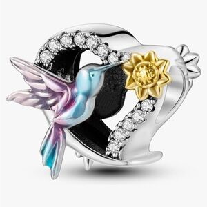 Humming bird silver heart slide charm for Pandora bracelets